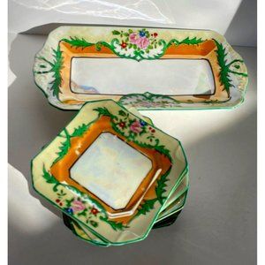 VTG Snack Set Tray & Plates T&T Japan Iridescent & Hand Painted BOHO